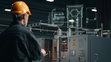 A worker stands at an industrial site, using a tablet to check machinery. He observes blueprints and data overlays on the screen in a dimly lit environment - Powered by Adobe
