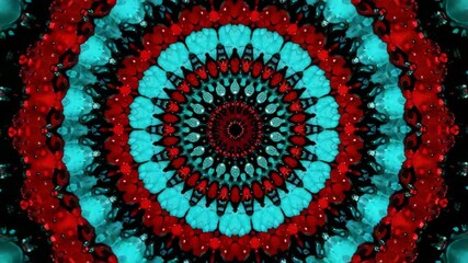 Kaleidoscope pattern featuring vibrant red and turquoise geometric shapes, mesmerizing abstract mandala design with symmetry, concentric circles, blue and black accents, radiating energy and visual - Powered by Adobe