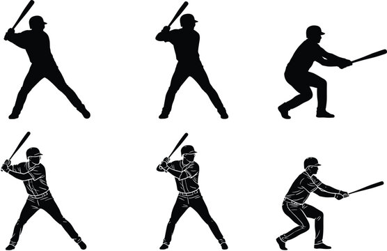 Baseball batting silhouettes set hitter stance swing bunt action sport black vector illustration isolated white background