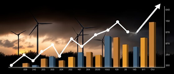 Financial charts and graphs with wind turbines in distance reflect sustainable business practices for green energy at sunset
