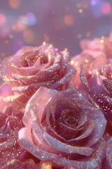 A dreamlike scene of roses bathed in a rose-gold glow. The petals are dusted with crystalline frost or glitter, making them shimmer like jewels. The shallow depth of field creates a sense of whimsical