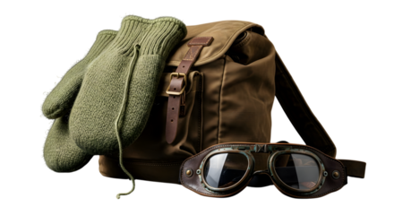 Mountaineering equipment with gloves, bag and goggles isolated on transparent background