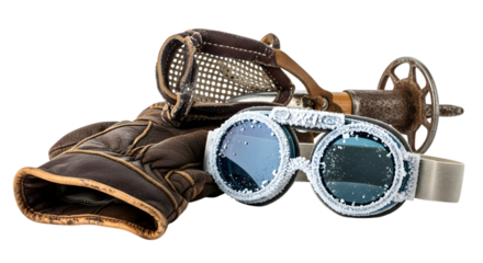 Steampunk goggles, glove, and vintage welding tool isolated on transparent background