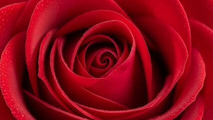 Close up of a vibrant red rose with water droplets on its velvety petals in full bloom