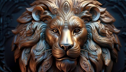 close up of a bronze lion head sculpture with detailed features