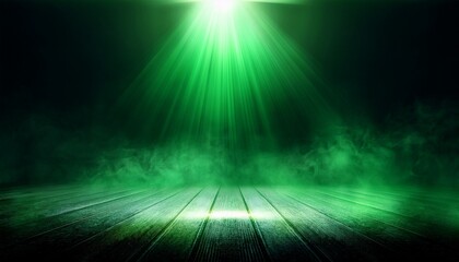green spotlight with smoke and glowing stage on dark background empty illuminated platform for product display abstract theatrical lighting effect