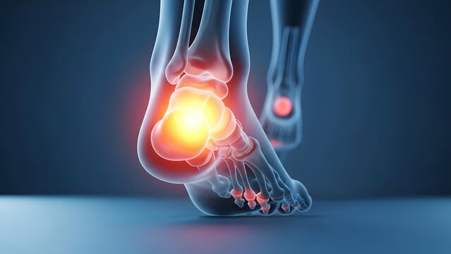 Achilles tendon and heel bone orthopedic pain. Podiatry health and ligament inflammation. Transparent view of human feet from behind with glowing red spots on the heels and ankles