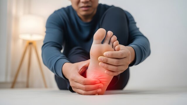 Plantar fasciitis and heel pain orthopedic relief. Podiatry therapy and foot care. Man sitting on the floor holding his foot with a glowing red spot on the heel representing soreness