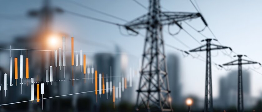 Stock market chart with rising prices set against high-voltage towers under a blue sky at sunset in a contrasting scene