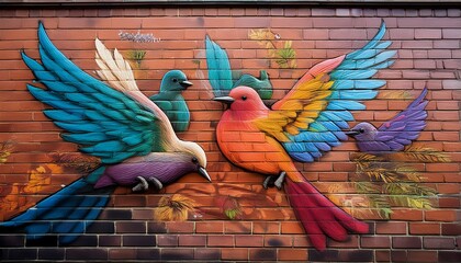 colorful birds mural on brick wall with vibrant artistic display