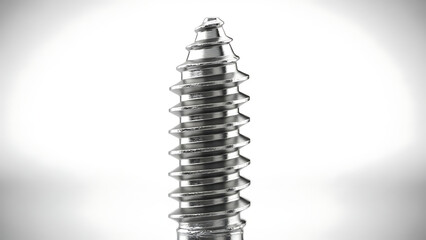 Sharp macro close-up of a silver metal screw thread isolated on a clean white background.
