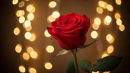 Romantic single red rose with green stem and leaves against warm golden bokeh lights background for valentine's day or anniversary