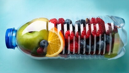 fresh fruits and berries in a plastic bottle concept of healthy eating and recycling
