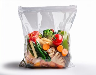 takeaway food in a clear plastic bag isolated on white background with copy space ready to eat meal in disposable packaging for delivery or takeout