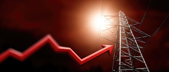 Red arrow points up on stock chart with high-voltage tower at sunset representing rise in electric energy cost