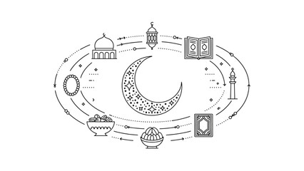Obraz premium Ramadan Celebration: An artistic representation of the key elements of Ramadan, including the crescent moon, mosque, lantern, and other related symbols. A visual depiction of the holy month.