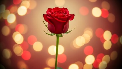 Romantic single red rose with green stem against vibrant multicolored bokeh lights background