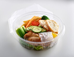 takeaway meal in clear plastic bag on white background ready for delivery or pick up food packaging convenience and modern dining concept