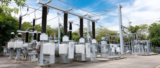 Electrical substation with power lines, transformers, and research equipment under blue sky in a stock photo contest winning capturing technology and infrastructure