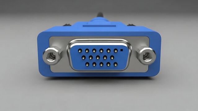 Professional 3D rendering of a blue VGA D-sub 15-pin male connector for computer display technology.
