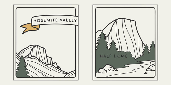 Yosemite Valley Half Dome Illustration | National Park Retro Poster | California Landscape Graphic Art