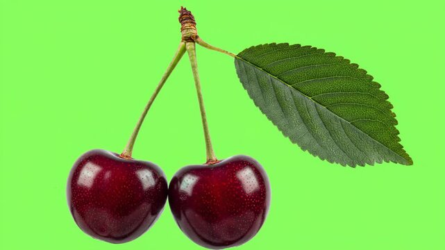 Two cherries with a green leaf on a green background isolated on white not applicable