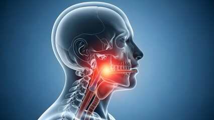 Obraz premium Human jaw and neck anatomy with inflammation. TMJ disorder and dental health. Side view profile of skull with glowing red pain point in the mandible and cervical spine area