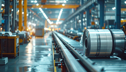 Industrial Manufacturing Plant with Steel Coils: Massive steel coils are transported along a conveyor belt in a brightly lit industrial manufacturing plant.