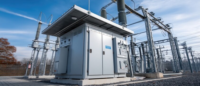 High-voltage electrical power substation with transformer station against blue sky showcasing award-winning photography