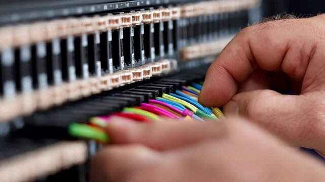 Factory technician carefully arranges thick network cables using industrial cable ties highlighting robust cable management in a manufacturing environment.