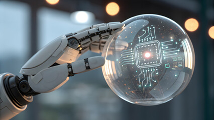 Robotic arm holding a glass sphere with a glowing microchip symbolizing artificial intelligence