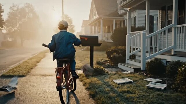 Child Delivering Newspaper on Bicycle in Foggy Morning Street, Nostalgic Childhood