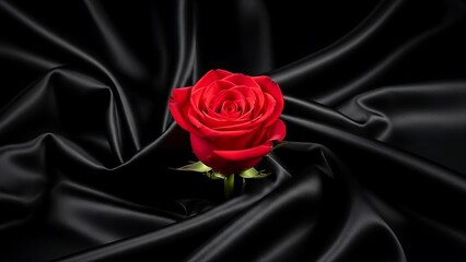 Single vibrant red rose on luxurious black satin fabric background with smooth folds and soft lighting
