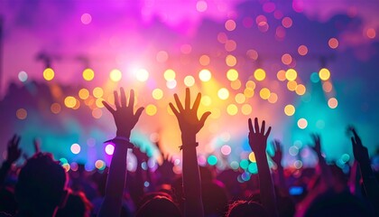 Enthusiastic Crowd Enjoying Live Concert with Raised Hands in Vibrant Lighting