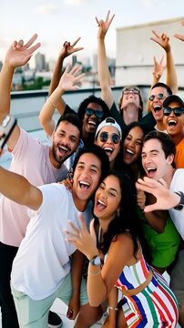 Group of young friends enjoying a rooftop celebration in the city during the summer