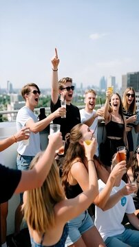 Group of young adults enjoying drinks on rooftop in city during sunny day