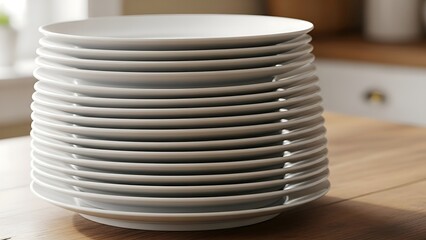 Obraz premium A Stack of Clean White Dinner Plates Ready for Use in a Kitchen Setting