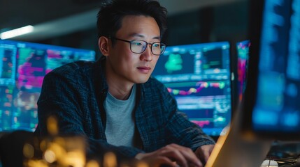 Asian industrial data analyst working with AI on laptop