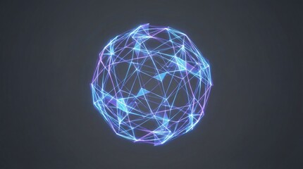 Glowing digital sphere made of connected blue and purple lines,representing global network,blockchain or futuristic technology on dark background