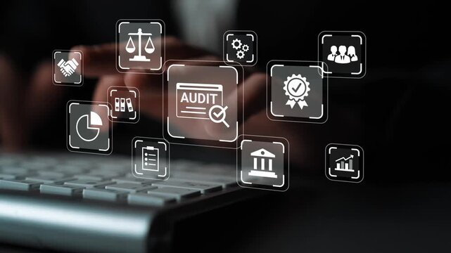 Professional Digital Audit Concept with Icons Featuring Legal Scales, Reports, Certificates, and Office Elements Over Computer Keyboard Background Gluon.