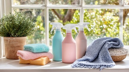 Spring home cleaning scene with pastel spray bottles, folded microfiber cloths and potted plant on sunny windowsill. Fresh, minimal interior with eco cleaning concept