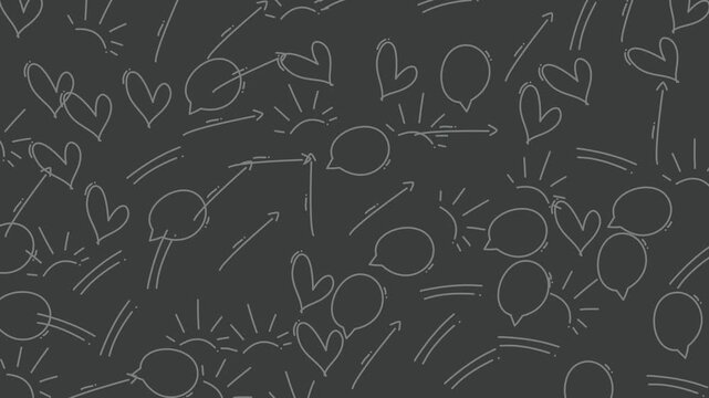 Gray background with white hearts, suns, arrows, and speech bubbles, perfect for valentines day or lovethemed designs, cards, or social media posts.