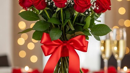 Romantic red rose bouquet with red bow and champagne glasses on a table with bokeh lights perfect for valentine's day or anniversary celebration