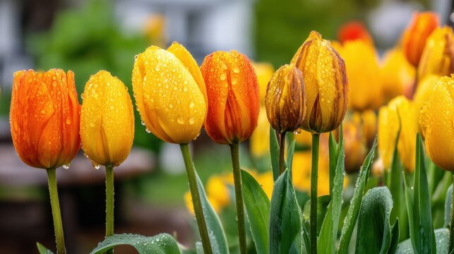 Row of yellow and orange tulips with raindrops in blooming garden. Spring flowers outdoors, seasonal blossom, fresh and colorful nature scene - Powered by Adobe