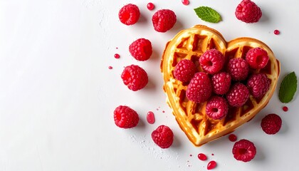 Heart Shaped Waffle Topped with Fresh Raspberries on White Background