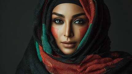Emirati woman portrait with subtle UAE flag colors makeup, studio lighting, commercial use