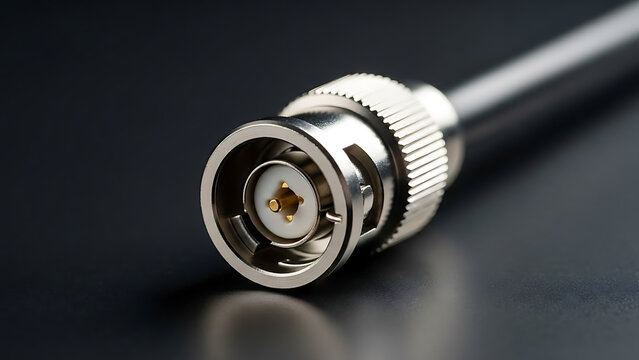 Close-up of a BNC connector on a coaxial cable, essential for broadcasting, video, and audio signal transmission.