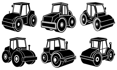 Six Black and White Road Roller Machines on White Background construction vehicle machinery