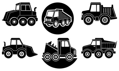 Six Black and White Construction Vehicle Silhouettes on White Background construction vehicles bulldozer