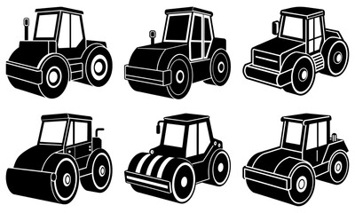 Six Black and White Construction Roller Machines on White Background